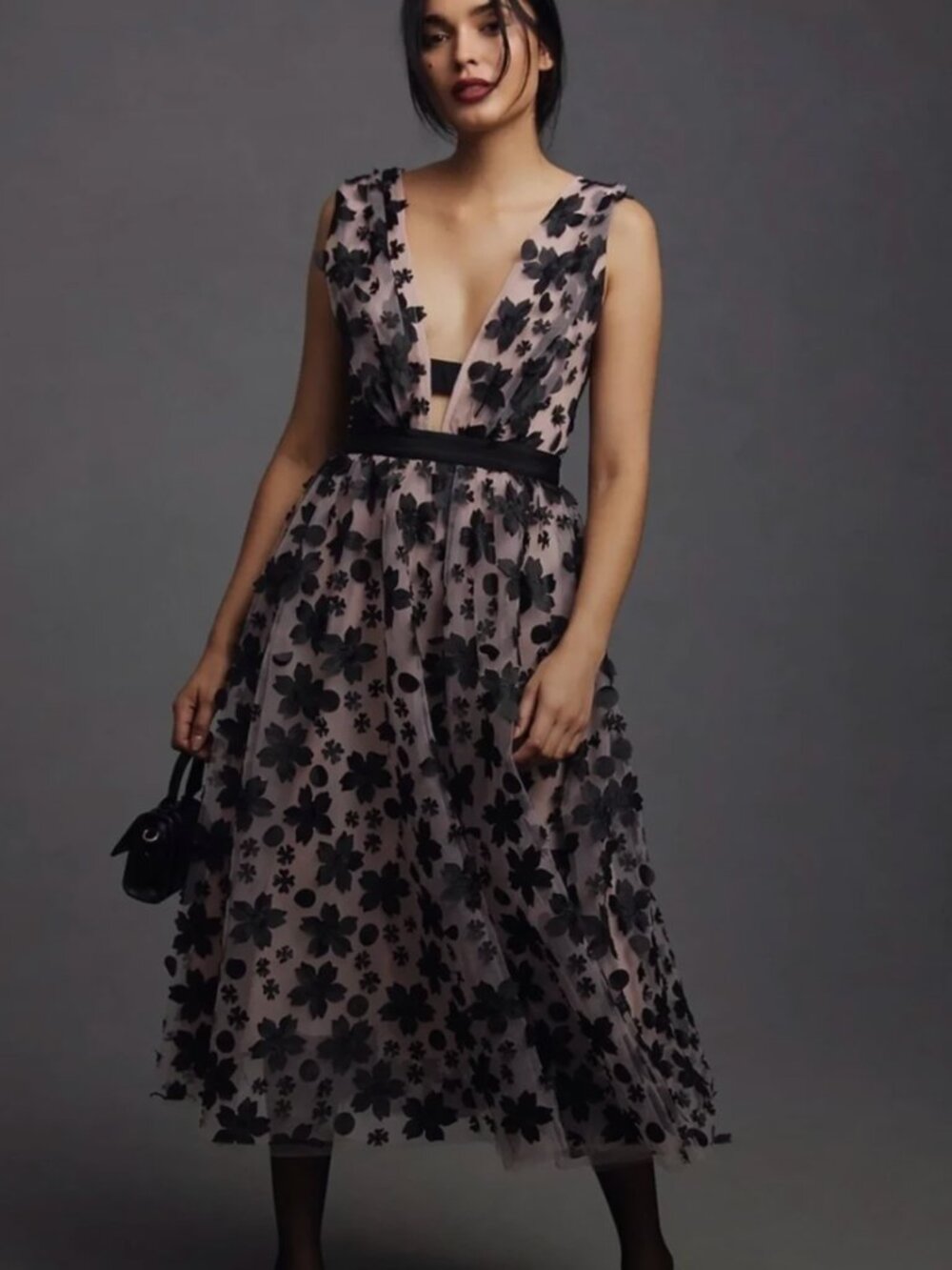 NWT Anthropologie Blush Tulle Midi Dress Black Floral Appliqué Size 2